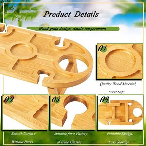 Custom Modern Design Bamboo Outdoor Portable Wine Picnic <strong>Table</strong> Oval Foldable Side <strong>Table</strong> with Glass Wine <strong>Cup</strong> <strong>Holders</strong> <strong>Camping</strong> Tray