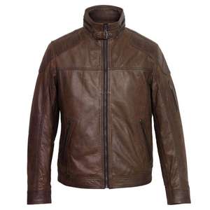 <b>Brown</b> Winter Solid Retro <b>Leather</b> <b>Jacket</b> <b>Men</b> Zip-Up Stand Collar Bomber Front Logo OEM Service Outerwear - Product Image 1
