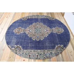 Alfombra Turca, Alfombra Redonda Vintage de 5.9x5.9 pies, Alfombra Geométrica Azul Beige - Product Image 3