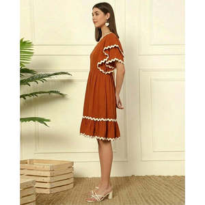 DEEBACO Women's Tan Solid Tiered Layered <b>Dress</b> One Shoulder Bell Layered Sleeves Fit & Flared Above Knee Length One Piece <b>Dress</b> - Product Image 2