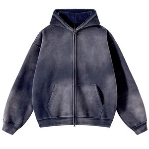Moda 400 GSM Zip up sudaderas con capucha unisex pesado desgastado sudaderas con capucha al por mayor de gran tamaño piedra lavada Sudadera con capucha en blanco - Product Image 2