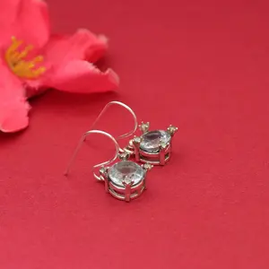 Boucles d'oreilles pendantes en argent 925 avec topaze bleue pour femmes - Cadeau, style classique religieux - Product Image 4