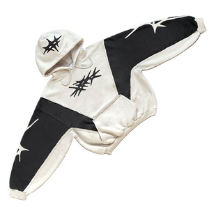 2025 hommes Hip Hop bicolore sweat à capuche surdimensionné patchs de broderie brute 100% coton éponge cordon pull sweat polaire imprimé - Product Image 3