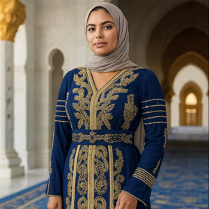 ชุดเดรสยาวปักลายสีน้ำเงินเข้มเข้มสำหรับงานปาร์ตี้ชุดเดรสยาวคลุมพื้นแขนยาวสีทอง - Product Image 1