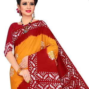 Pure Cotton Hand Blocked Batik <b>Saree</b> with Floral and Geometrical Style in Light Medium and Dark Colors for Women - Product Image 1