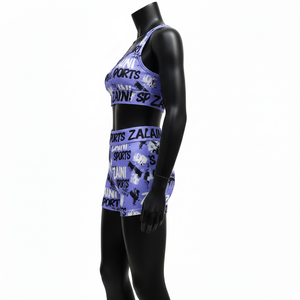 Ensemble short et haut pour femme en tissu extensible polyester élasthanne 220 GSM, violet, noir, blanc, avec logo imprimé par sublimation, ensemble short en coton pour femme - Product Image 3