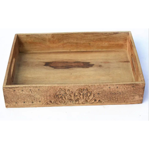Plateau de service en bois de manguier naturel fait à la main avec motif floral sculpté blanc Plateau de service décoratif avec poignées pour la cuisine - Product Image 5