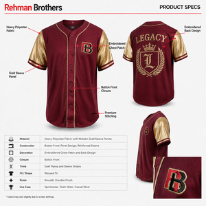 Camiseta de Béisbol para Hombre, Color Granate, de Poliéster Resistente, con Mangas Doradas Metálicas, Bordado Personalizado con el Escudo de la Marca, Cierre de Botones, Estilo Urbano - Product Image 5