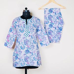 AB09 Blue Cotton Night Suit Set Hand Block Printed Soft Woven Fabric Casual Summer Style - Product Image 2