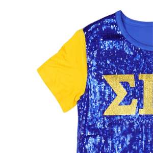 Sigma เสื้อยืดพิมพ์ลายแกมม่า Rho sgrho sequin เสื้อยืดแขนสีทองประกายตัวอักษรกรีกปักลาย sorority - Product Image 3