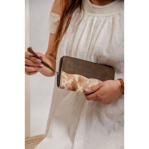 LW Handcrafted Genuine Cowhide Fur Leather Clutch for Women <b>Wristlet</b> Leather Purse with Money Clip - Product Image 1