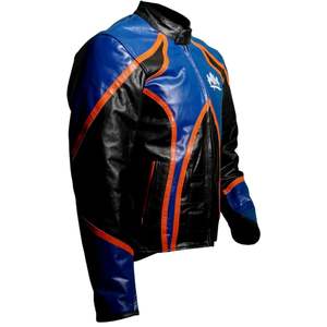 Veste en cuir de style course pour homme, design bicolore, fermeture éclair sur le devant, panneaux rembourrés, col montant, vêtements de rue - Product Image 2