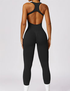 Mono de Yoga para Mujer, Manga Corta Abullonada con Diseño de Parches, Espalda Descubierta, Ajustado a la Cadera, 100% Poliéster, Ropa Deportiva Midi - Product Image 3