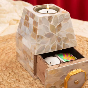 Brûleur d'encens Bakhoor Oud en bois MDF avec incrustation de nacre, porte-bougie tiroir 4x4x5 pouces, toutes saisons, toutes senteurs, pour usage religieux - Product Image 1