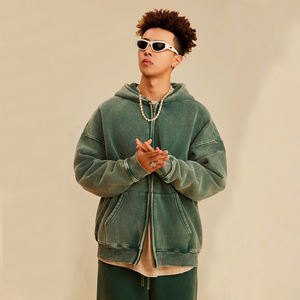 Sweat à capuche surdimensionné avec fermeture éclair, lavage à l'acide vert 500 g/m², motif uni, appliqué délavé, broderie personnalisée - Product Image 4