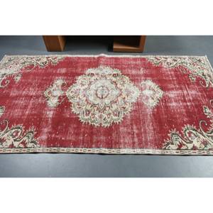 Vintage Turkish <b>Rug</b> 4.4x8.4ft Red Beige Wool Handmade Patchwork <b>Abstract</b> Design 10mm Latex for Entryway Teenagers' Favourite - Product Image 3