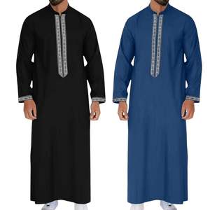 Jubba Musulmana Negra Formal para Hombre, Detalles de Bordado Blanco, Túnica Islámica de Manga Larga, Dishdasha Árabe, Kandura Tradicional, Caftán - Product Image 3