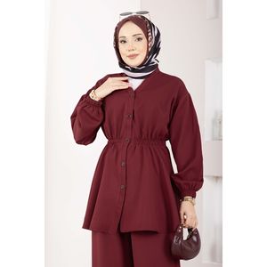 Ensemble Tunique et Pantalon Court Décontracté Deux Pièces Silva en Crêpe Bordeaux, Taille Froncée, Coupe Ample, Haut à Motif Uni en Tricot Côtelé - Product Image 2