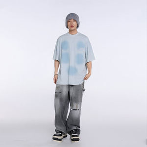 T-shirt américain à manches courtes délavé et peint à la main pour hommes, ample, col rond, demi-manches, vente en gros d'été - Product Image 3