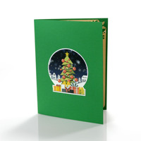 Tarjeta de felicitación navideña 3D con diseño de Papá Noel en trineo y árbol de Navidad