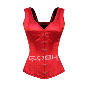 Top Design encolure en V et double bretelles Overbust Corset en satin rouge désossé en acier avec fermeture à glissière avant Fournisseur du Pakistan - Product Image 1
