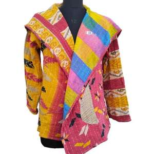 <b>Kimono</b> Short Vintage Kantha for <b>Women</b> 100% Cotton Eco-Friendly Breathable Reversible Handmade Rajasthan - Product Image 1