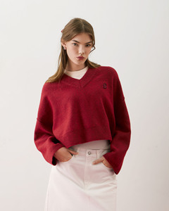 Pull en tricot ample à manches longues et col en V pour femme, tissu tissé brodé, acrylique formel par Routine - Product Image 1