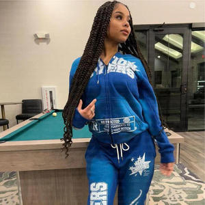 Sudadera con Capucha de Invierno Personalizada con Cierre, Diseño Vintage Estampado, Lavado Ácido Decolorado al Sol, Logotipo Personalizado, Conjunto de 2 Piezas de Felpa para Mujer - Product Image 1