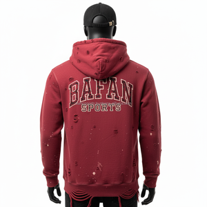 Sweat à capuche premium en molleton épais 360GSM, couleur bordeaux, lavage vintage, avec broderie, logo personnalisé et détails usés, sweat à capuche basique - Product Image 2