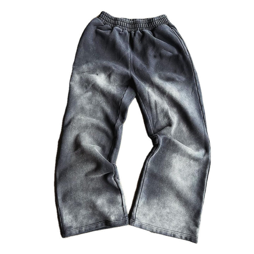 Wholesale Custom Men's French Terry Cotton Printed Black Straight Leg Loose  Fit Vintage Acid Wash Sweatpants
