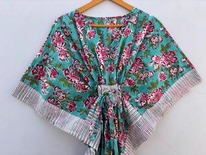 Vestido de caftán de algodón con estampado de bloque Floral occidental, vestido largo hasta el suelo, vestido informal lavable de verano con cubierta de playa Natural - Product Image 3