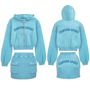 Acheter Femmes Deux Pièces Ensemble Crop Hoodie Jupes Outfit Automne Hiver Toile Tissu Court Tops À Capuche Col High Street Style - Product Image 6