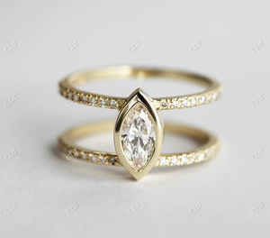 Marquise Moissanite Diamant 14K Or Massif Demi Éternité Double Tige Lunette Ensemble Solitaire Bague De Fiançailles Et De Mariage Femmes Bijoux - Product Image 6
