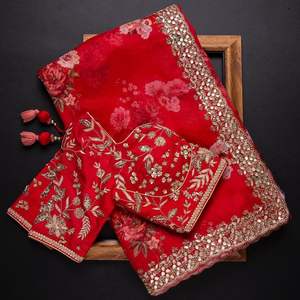New 2022 Designer Organza <b>Red</b> Color Digital Printed Lace Border Saree With Embroidery Work <b>Blouse</b> Indian Traditional Outfit - Product Image 6