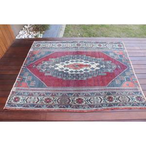 4.3x5.4 ft Turkish Accent Rug, <b>Red</b> Blue Vintage Ombr <b>Wool</b> Rug - Product Image 3