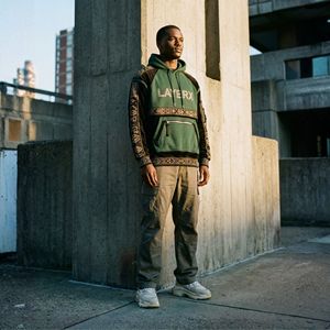 เสื้อฮู้ดดี้ผู้ชายผ้า 300gsm แบบสั่งทำพิเศษ คุณภาพสูง ผ้าฟลีซโพลีเอสเตอร์/คอตตอน ดีไซน์ต่อผ้าสีเขียว ทรงปกติ ไซส์ XL ประดับคริสตัล - Product Image 1