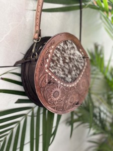 New Arrival Western Style Hand Tooling Carving Stylish Handbag Cowhide Fur Sling <b>Bag</b> Crossbody Shoulder Round <b>Bags</b> Women's - Product Image 2
