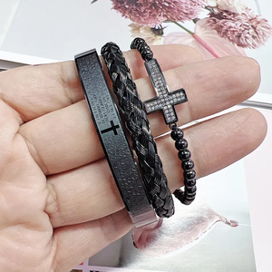 Bracelet de manchette pour homme avec breloque croix et breloques en perles bicolores en acier inoxydable ajustables bijoux religieux élégants - Product Image 4