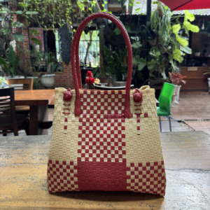 Sembagi 2025 New Fashion Premium Handmade Plastic Weaving Lurik Pattern <b>Handbag</b> Full Recycled Material <b>Red</b> for L Size Adult - Product Image 1