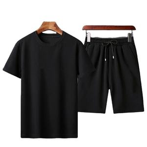Conjunto de chándal informal de verano para hombre de dos piezas transpirable de punto de color sólido holgado camiseta pantalones cortos - Product Image 5