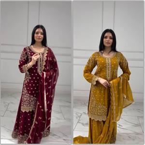 Cousu Sharara Gharara indien broderie travail traditionnel ethnique 3 pièces ensemble Georgette soie hiver été mariage Diwali - Product Image 1