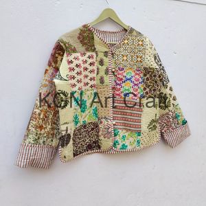 แจ็กเก็ตสั้นเย็บปะต่อผ้าฝ้ายอินเดียแจ็กเก็ตสั้นสีเบจเย็บปะติดแบบกลับด้านได้ - Product Image 4