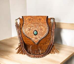 Bolso Bandolera de Cuero Vacuno de Alta Calidad, Estilo Bohemio Occidental, Moda Vintage, Hecho a Mano, con Cierre de Cremallera - Product Image 1