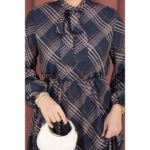 Navy Blue <b>Plaid</b> Pattern Hijab Modest <b>Dress</b> with Gathered Waist - Product Image 4