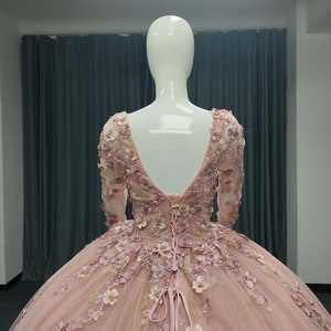 Vestido de Fiesta de Noche ANY189 Exclusivo, Color Rosa, Cuello Cuadrado, con Cuentas, Apliques de Cristal, Largo hasta el Suelo, con Flores 3D - Product Image 5