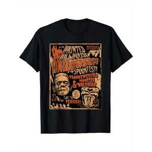 T-shirt vintage per appassionati di film horror, 100% cotone, girocollo, maniche corte, con Frankenstein e il Lupo <span class=keywords><strong>Uomo</strong></span> per Halloween Spookfest! - Product Image 1
