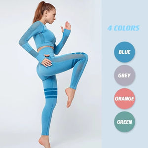 Vêtements de yoga à taille haute en deux pièces pour femmes avec logo personnalisé, imprimé en maille, manches longues, pantalon de yoga, leggings, séchage rapide, respirant - Product Image 5