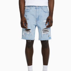 Pantalones vaqueros de mezclilla ajustados de algodón con salpicaduras de pintura para hombre, pantalones cortos rasgados transpirables informales con cremallera, ropa de calle, Jean - Product Image 1