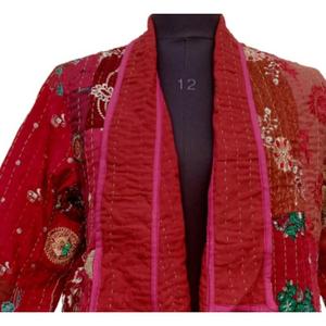 Chaqueta Khambadiya Kantha Larga Hecha A Mano 100% Seda India con Estilo Patrón Sólido para Otoño Invierno Temporada - Product Image 2