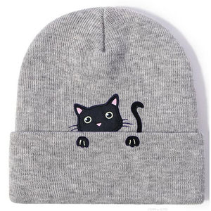 Gorro de Invierno Jacquard con Diseño de Gato Bordado, Gorro de Punto sin Dobladillo con Diamantes para Hombre, Estilo Urbano, Gorro de Punto con Joyas para Viajar - Product Image 1